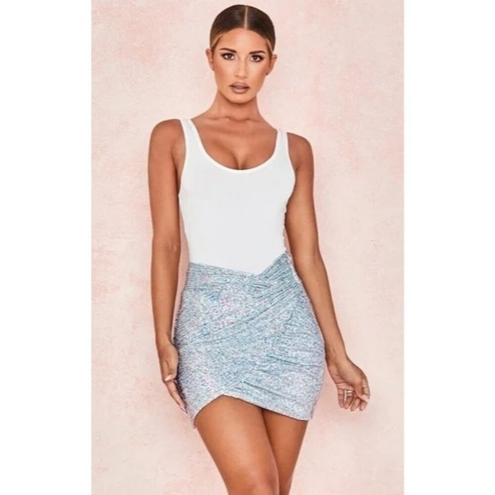 House Of CB Skirt Women XS Silver Sequins Petunia Wrap Draped Mini Sexy Party